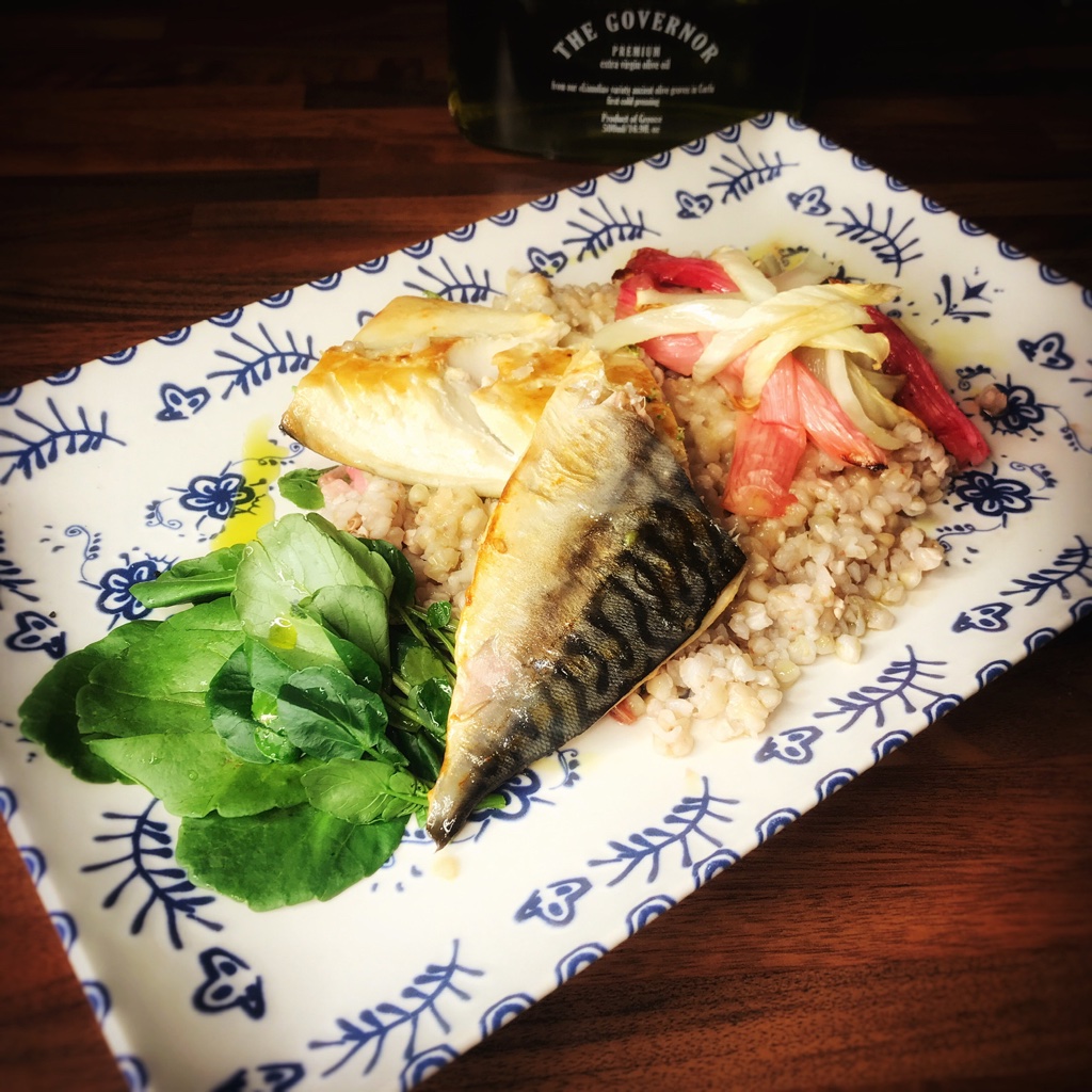 Pan fried mackerel with buckwheat, fennel and ginger roasted rhubarb