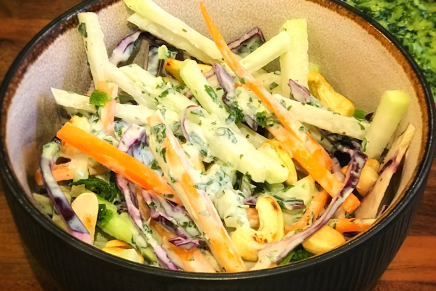 Celeriac and kohlrabi nutty slaw with a chilli and mint kefir dressing