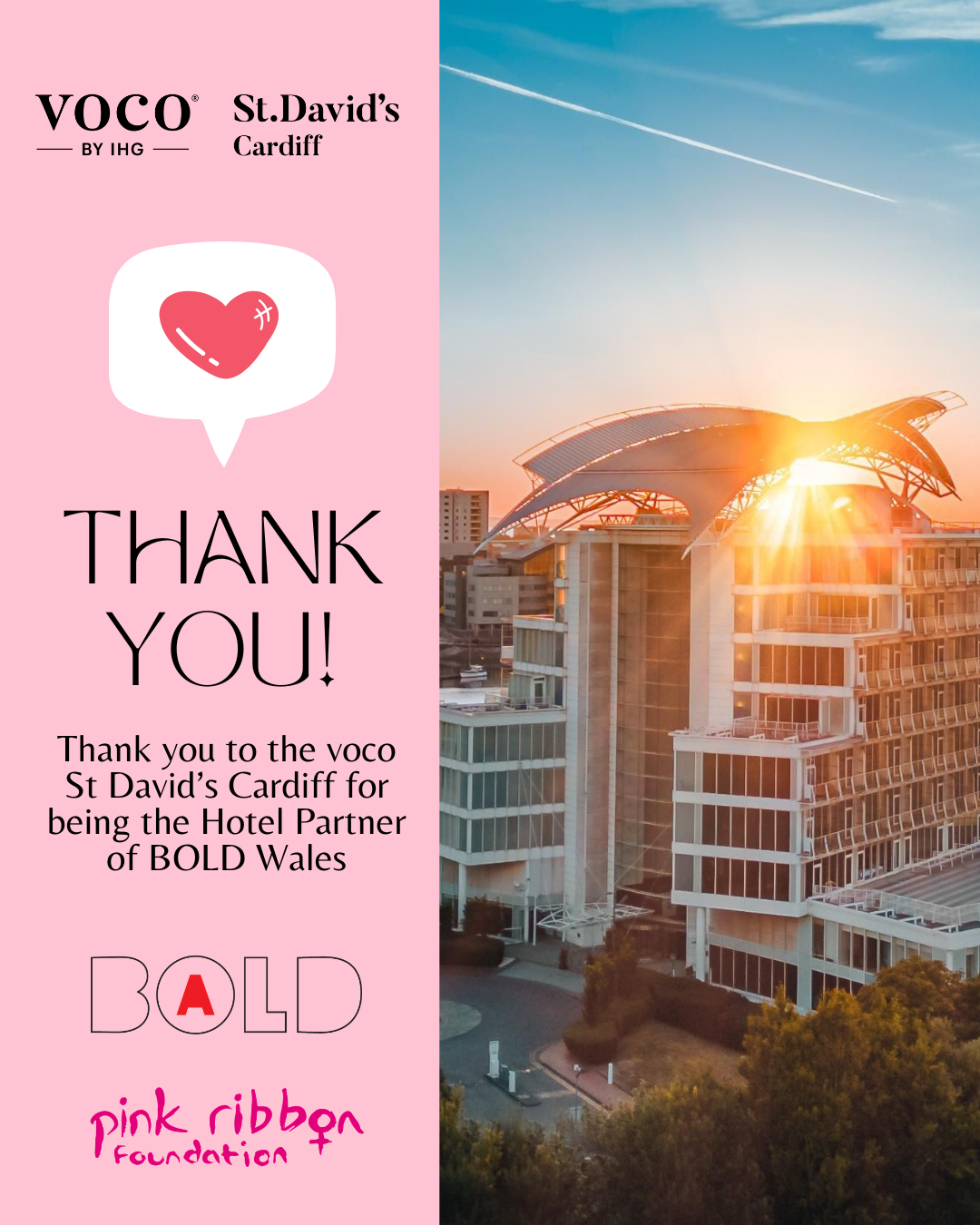 Heartfelt thanks to our BOLD Wales hotel partner, voco St David’s Cardiff 💗